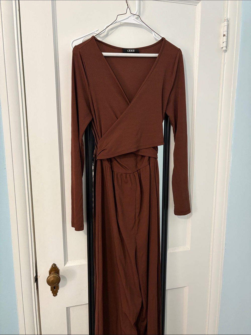 Brown Wrap-Style tie front or back Long Sleeve jumpsuit